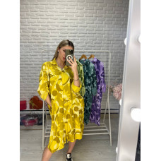 Жіноча сукня-сорочка з льону принт квіти жовтого кольору
