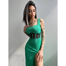 Жіноча сукня-міді з елементами корсету та розрізом зеленого кольору